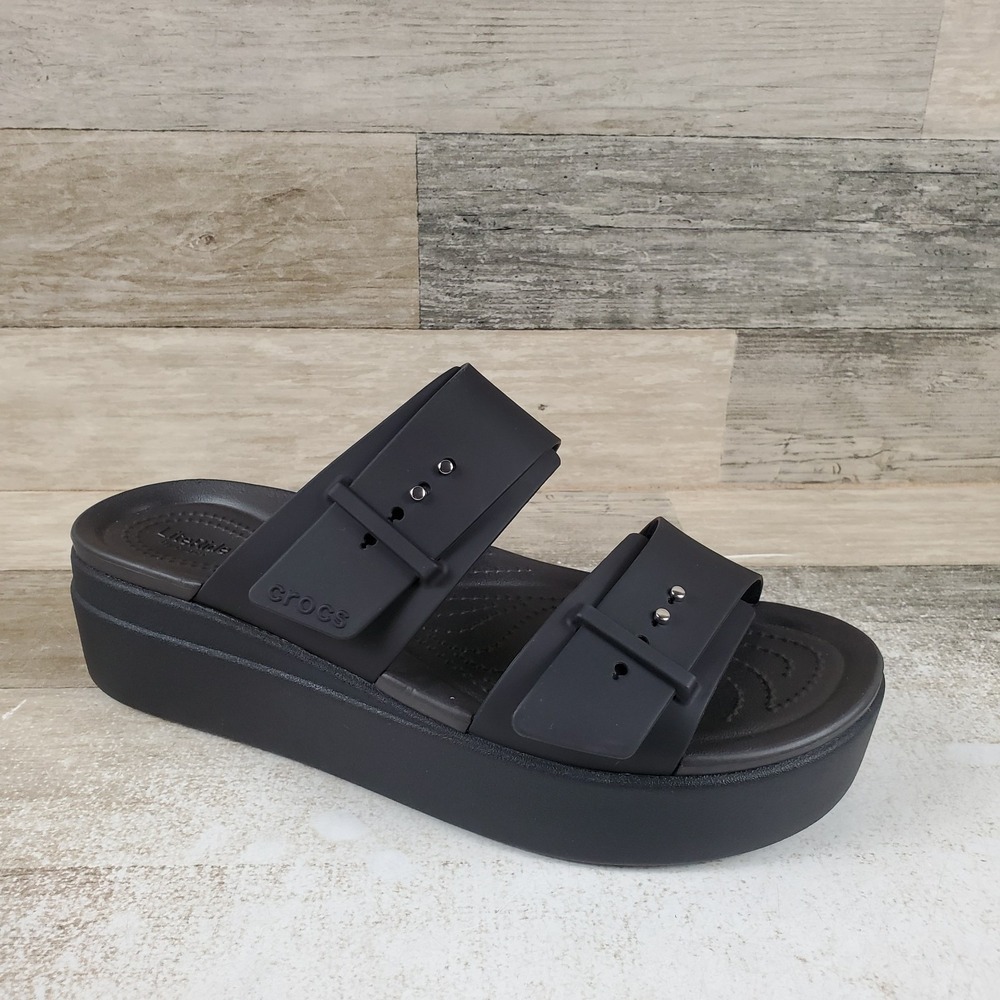Crocs Brooklyn Buckle Low Womens Wedge Sandals Sz 10 M Black Two-Strap Footwear